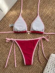 Random Floral Print Bikini Set For Beach Vacation - Bordeaux - View 2