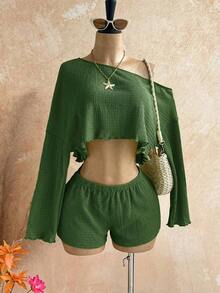 Casual 2-Piece Set Consisting Of A Cropped Top With An Irregular Neckline And Lettuce Hem, And Shorts, In A Solid Color, For Vacation, Spring/Summer - Dark Green - View 10