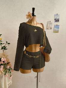 Conjunto de 2 piezas de top asimétrico y shorts de unicolor casual de vacaciones para mujer - Café integral - Ver 6