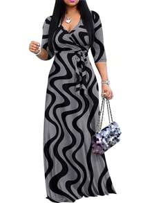 2026 Vestido azul ligero de mujer con cuello en V y cintura ceñida, elegante para primavera/verano - Gris - Ver 6
