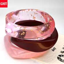 GNIT Y2K树脂手镯，女士款，3件套粗款亚克力大理石/云纹手镯，宽款可叠戴手镯饰品 - 透粉塊酒紅粉 - 查看 2