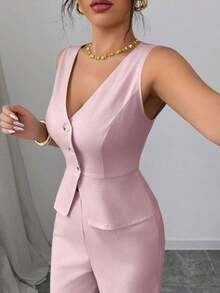 Conjunto de camiseta sin mangas y pantalones elegante para mujer, estilo de oficina y transporte, atuendo de otoño para maestros - Rosa 2 - Ver 4