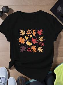 Camiseta Deportiva de Manga Corta para Mujer, Talla Grande, con Estampado de Follaje Otoñal - Negro - Ver 7