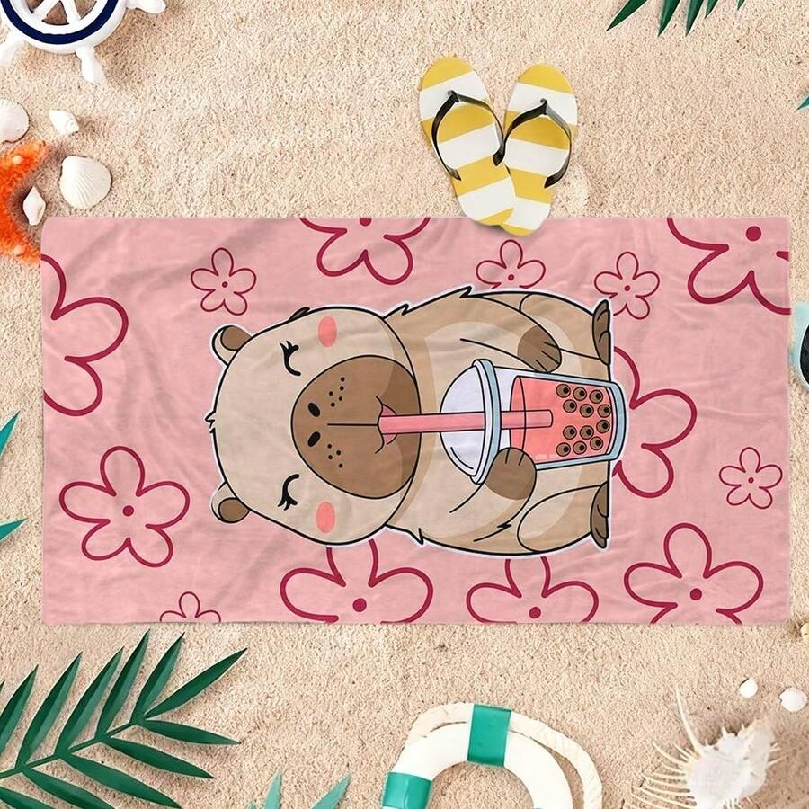Capybara Milk Tea Print Ultra-Fine Fiber Quick-Dry Beach Towel, Absorbent Fast-Drying Non-Shedding Bath Towel, Convenient Travel Towel - A - View 1