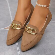 Spring/Summer Women's Pointed Toe Plus Size Flat Slip-On Shoes, Casual Comfortable, Metal Chain Decor, Mom Shoes - Brown - View 5