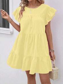QRHJKa Vestido de Verano para Mujer, Color Sólido, Cuello Redondo, Estilo Babydoll Holgado con Volantes, Traje de Playa para Vacaciones, Vestido Casual Amarillo para Mujer, Vestido de Vacaciones, Ropa de Verano para Mujer - Blanco - Ver 9