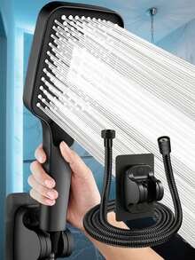 3pcs Black Square Button Shower Head Set, High Pressure 3-Function Handheld Shower With 59 Inch Stainless Steel Hose & Adhesive Bracket, No-Drill Installation, Black Handheld Shower Sprayer Kit - Black - View 2
