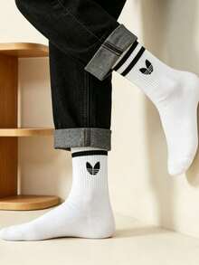 1/5 Pairs Unisex White Striped Mid-Calf Socks, Casual Comfortable Versatile Socks Suitable For Daily Wear, Back To School Season, All Seasons - White - View 5