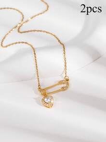 1pc Fashion Safety Pin Heart Pendant Necklace For Women, Stainless Steel Chain, Copper CZ Pendant, Daily Wear, Valentine's Day Gift - Pin - View 11
