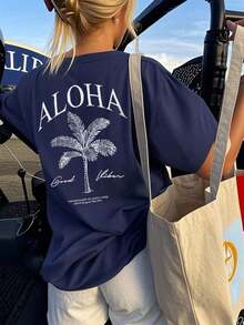 Camiseta de manga corta con cuello redondo y estampado de palmeras para mujer, estilo casual y moderno, tu prenda esencial diaria.Camiseta con Estampado, Tops para Mujer, Vacaciones de Verano - Albaricoque 3 - Ver 11