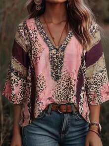 Plus Size Women's Vintage Leopard Print V-Neck 3/4 Sleeve Blouse Pink Spring Summer Vacation - Pink - View 1