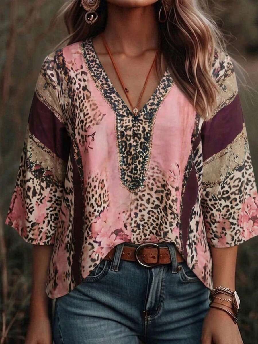 Plus Size Women's Vintage Leopard Print V-Neck 3/4 Sleeve Blouse Pink Spring Summer Vacation - Pink - View 1