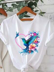 Graphic Print T-Shirt, Short Sleeve Crew Neck Casual Summer And Spring Clothing For Women 1 Glitter Heart Sweet Casual Elegant Rhinestone None Holiday Wedding Beach Office Sporty Home Country Music Concert Lunch Travel Bachelorette Summer UQAS - 白色的 - 查看 2