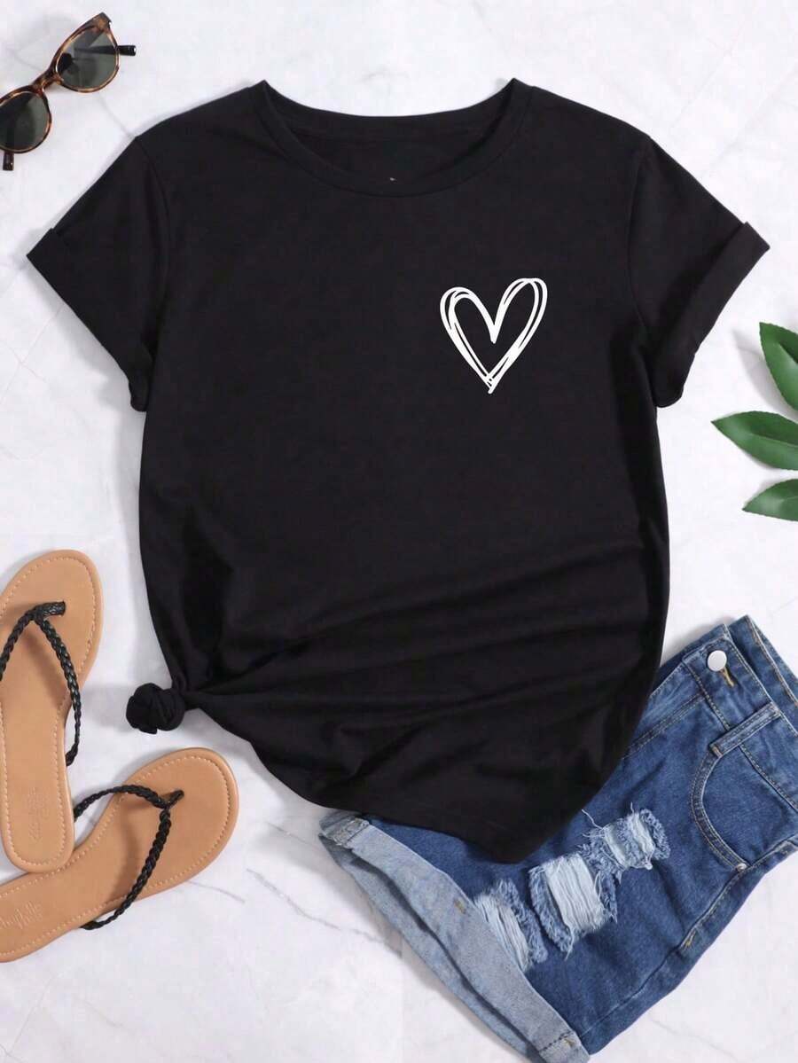 Camiseta de mujer con estampado de corazones y cuello redondo, suave y con caída fluida, adecuada para uso diario, oficina, escuela, vacaciones, camping, de estilo versátil, que hace que tu verano sea más vibrante y colorido. - Negro - Ver 1