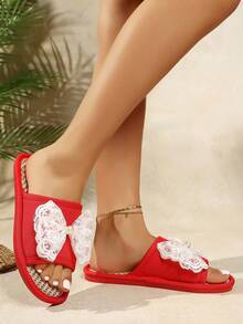 French Pearl Lace Bow Slippers, Women's Soft Bottom Non-Slip Slippers - Red - View 4