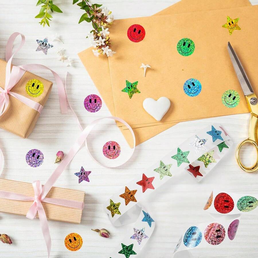 500pcs Colorful Glitter Smiling Face Stickers/10 Colors Shiny Stickers For Gift Boxes, Envelopes, Scrapbooks, Back To School, Glitter Laser Stars And Happy Face Stickers, 1 Inch Round Stationery Stickers - Multicolor - View 1