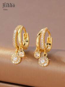 Hihho 1 Pair Minimalist Fashion Double-Layer Round Zirconia Stone Dangle Earrings, Luxury Elegant Design Everyday Jewelry Accessory, Suitable For Formal Wear, Parties, Gifts - Round Drop Earrings - View 12