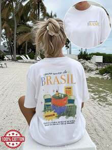 [Dubbelsidigt tryck] Damkläder för sommaren, avslappnad damtopp, vintage-stil, tryck med texten "Puro Suco Do BRASIL", kortärmad, rundhalsad, ren bomull, oversized, t-shirt med nedhasad axel [LangK] sommaroutfit för kvinnor - Vitt - Visa 10