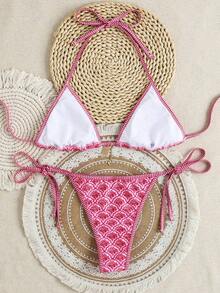 Conjunto de bikini con estampado floral aleatorio para vacaciones en la playa - Blanco y Negro 2 - Ver 7