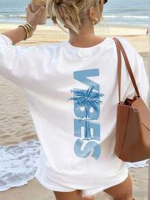 Women's Short-Sleeved T-Shirt With A Round Neck, Featuring A Minimalist Coconut Tree Print And Slogan. Simple And Versatile, Suitable For Everyday Wear And Vacations. Graphic T-Shirt, Women's, White, Black, Pink, Summer - 白色 2 - 查看 6