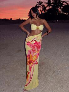 2 piezas Conjunto de bikini para mujer, bikini con decoración de flor de metal y tirantes ajustables, vestido de playa bohemio con estampado de malla floral, conjunto de 3 piezas de traje de baño, adecuado para playa, vacaciones y fiesta de piscina en verano negro - Amarillo - Ver 7