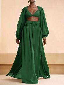 Conjunto de bata y pantalones de pierna ancha de unicolor para mujer, conjunto informal de cubrecuerpo para resort - Verde - Ver 4