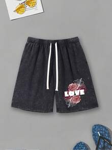 100% Pure Cotton Casual Shorts, LOVE And Floral Print - Loose Fit With Elastic Drawstring Waistband, Machine Washable Unisex Basketball Sports Shorts, A Comfortable Daily Gift - Vintage Street Style Unisex Loose Cotton Short Sleeve Crew Neck T-Shirt - màu đen - Xem 12