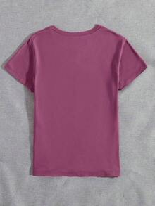 Camiseta cómoda de mujer con estampado de rayas y flores de margarita, cuello redondo, manga corta, minimalista y versátil para uso casual - Rojo violeta - Ver 2