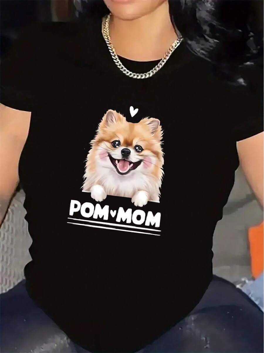 Oversized Women's Short Sleeve T-Shirt, Printed With A Cute Pomeranian Dog Design, POM MOM Design, Lightweight Material, Suitable For Casual Wear At Home, In The Park Or In A Cafe, Comfortable And Durable For Everyday Use. - 黑色 - 查看 1