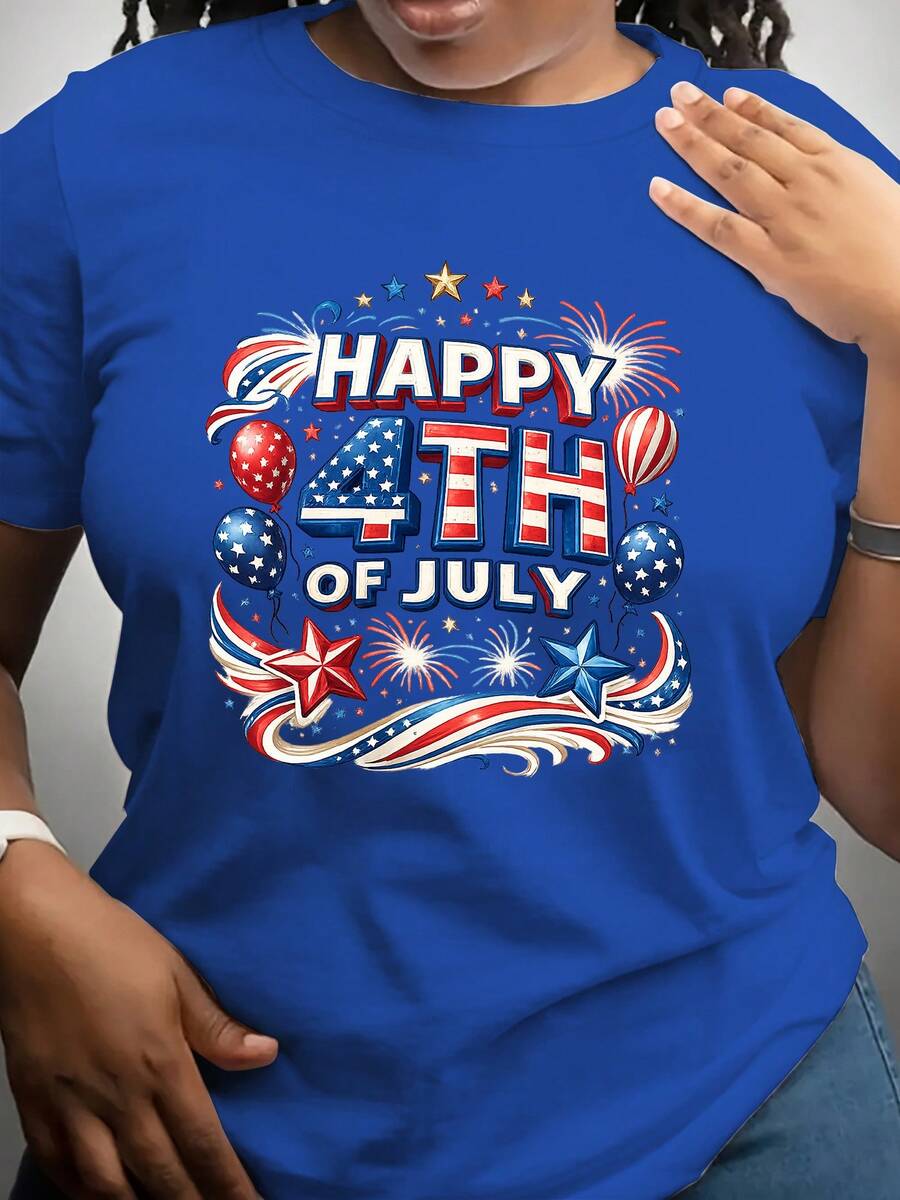 Short-Sleeved T-Shirt For Independence Day, Commemorative T-Shirt With National Flag, Round Neck Style For Women, Comfortable And Soft Fabric, Suitable For Independence Day, Fourth Of July, Heroes' Day, Presidents' Day, Children's Celebrations, Cool Summer Clothes For Women. - 藍色 - 查看 1