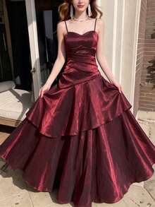Đầm maxi dây mảnh sang trọng kiểu Pháp cổ điển với viền bèo nhún, thích hợp cho Ngày của Mẹ, sinh nhật, đám cưới, các dịp trang trọng, tiệc tùng mùa xuân. - Màu Đỏ Sâu - Xem 1