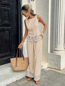 Conjunto casual de 2 piezas con blusa de un solo pecho con estampado floral y pantalones de pierna ancha para mujer - Caqui - Ver 6