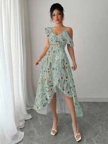 Vestido de flores con volantes asimétricos en el bajo para vacaciones para mujer - verde menta - Ver 5