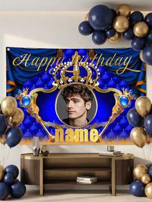 1pc Customizable Polyester Birthday Party Backdrop - Personalized Luxury Blue And Gold Design With Elegant Gold Letters, Includes Personal Photo And Name, Customized Gift, Flag, Custom Banner, Custom Sign, Photography Background - Multicolor - View 3