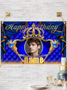 1pc Customizable Polyester Birthday Party Backdrop - Personalized Luxury Blue And Gold Design With Elegant Gold Letters, Includes Personal Photo And Name, Customized Gift, Flag, Custom Banner, Custom Sign, Photography Background - Multicolor - View 5