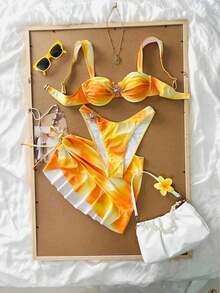 2026 Solid Color 3 Piece Tankini Swimsuit Set, Wide Strap Design With Underwire Support, Fashionable Beach Style, Perfect For Beach Vacations And Pool Parties During The Summer - Orange - View 3