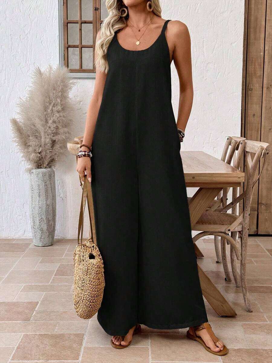 Mono Casual de Pierna Ancha con Bolsillos en Color Sólido para Mujer - Negro - Ver 1