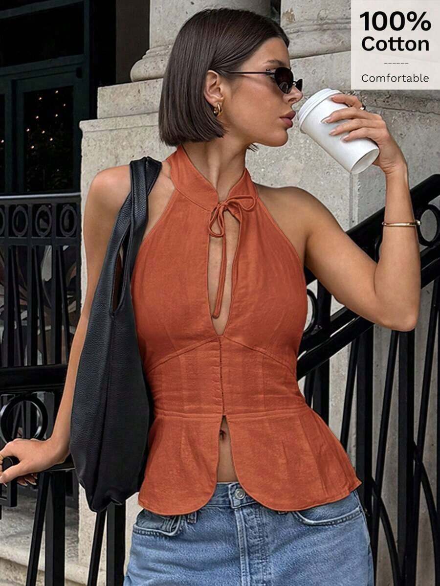 Chaleco para mujer con moño, recorte y diseño hueco, ajuste slim, para salidas diarias - Color caoba - Ver 1