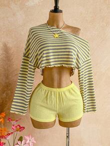 Casual 2-Piece Set Consisting Of A Cropped Top With An Irregular Neckline And Lettuce Hem, And Shorts, In A Solid Color, For Vacation, Spring/Summer - 黃色 - 查看 2