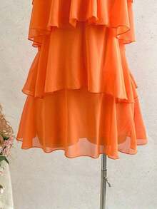 Nuevo vestido elegante y romántico para invitados de boda, de unicolor, con espalda descubierta, multicapa con volantes de gasa, minivestido, adecuado para estilo bohemio, boho, flores románticas, vacaciones, fiestas florales, citas, San Valentín, - Naranja Coral - Ver 6