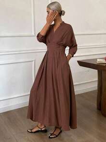 Vestido midi casual de mujer con cuello en V, unicolor, vestido de verano de otoño - Caqui - Ver 5
