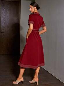 Vestido casual de mujer con inspiración vintage de manga corta, diseño de bloqueo de color con cuello, botones delanteros y bolsillos, cintura ajustada, tela ligera y transpirable sin estiramiento, fácil cuidado.Consulte la tabla de tallas al realizar la compra. - Rojo - Ver 4