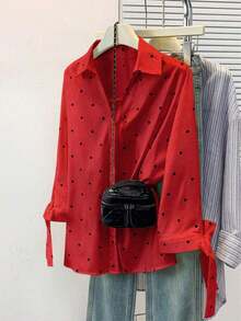 Camisa de mujer con botones y diseño de puños con corbata, de manga 3/4 con lunares, versátil para uso casual, de negocios, para ir y venir del trabajo, y para usar en primavera/verano/otoño de vacaciones - Rojo - Ver 4