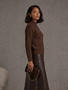 Women's Modal Knit Winter Blouse With Braided High Neck, Modern Style - Rust Brown - View 2