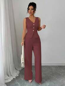 Conjunto de camiseta sin mangas y pantalones elegante para mujer, estilo de oficina y transporte, atuendo de otoño para maestros - Color caoba - Ver 5