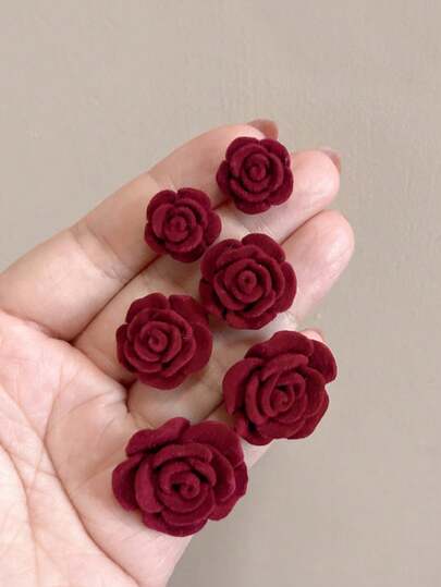 3 Pairs Elegant Vintage French Style Flocked Rose Flower Earrings Set, Suitable For Women's Daily, Date, Party, Festival Wear