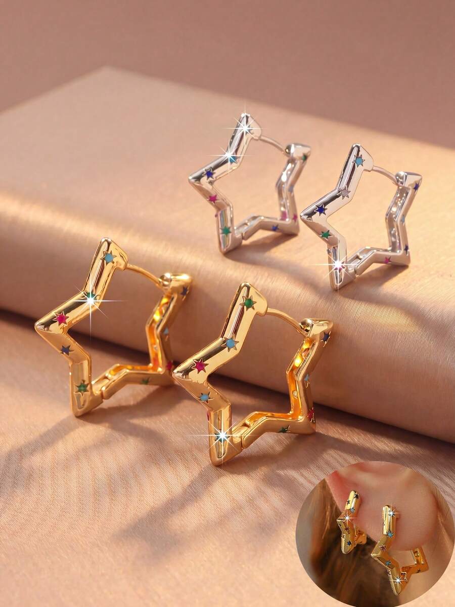 1 Pair 18K Gold/Silver Plated Rainbow Star Earrings, Featuring Multicolor Micro Zirconia Stone Design, Five-Pointed Star Earring Style, Suitable As Gifts For Mother's Day, Birthday And Other Occasions For Women, Girls, Mothers, Daughters, Friends And Loved Ones. This Series Is Designed With Rainbow Crystal And Starlight Elements, Showcasing Romance And Brilliance. - Multicolor - View 1