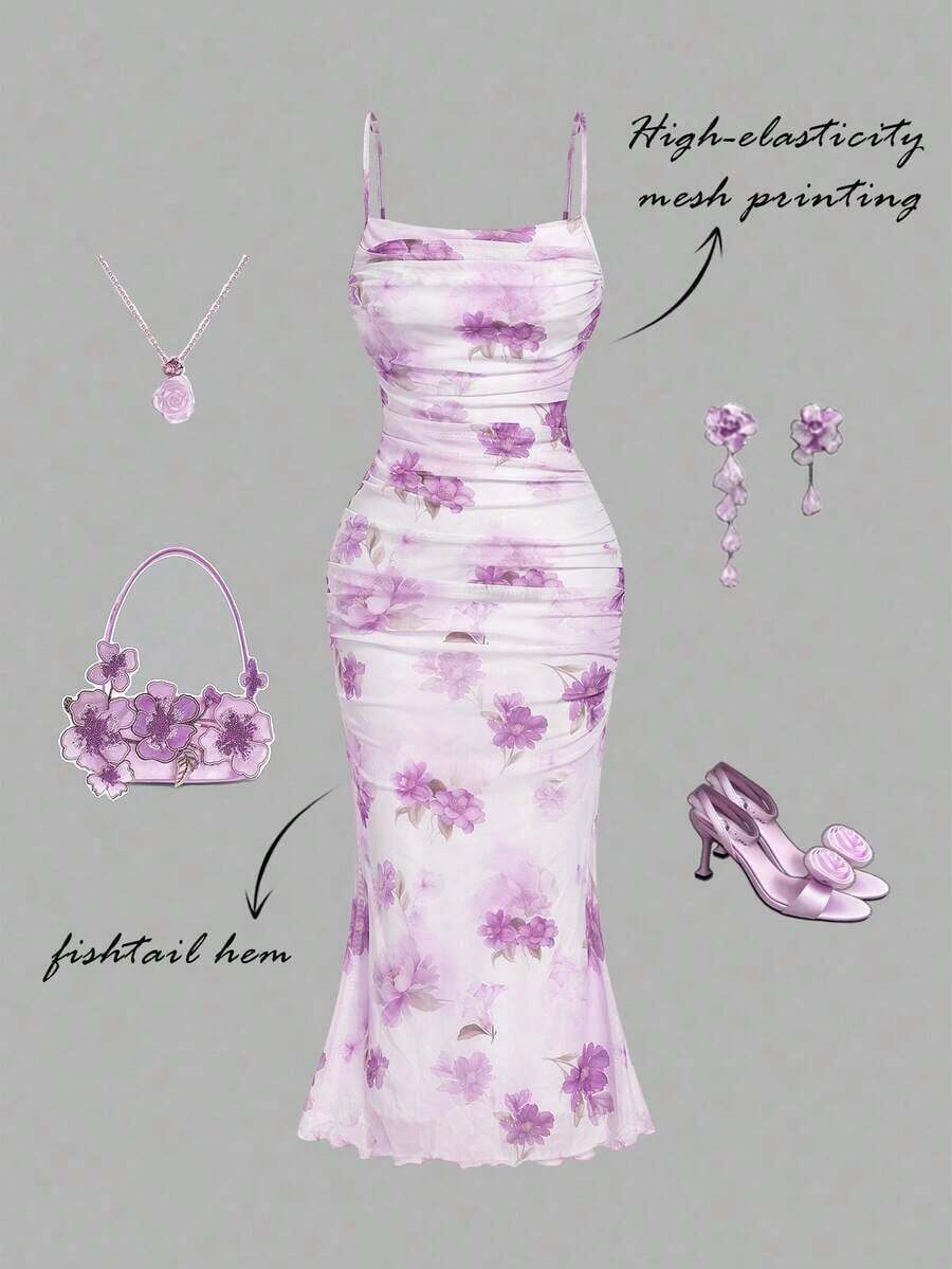 Vestido ajustado de malla con volantes y estampado floral para mujeres, vestidos elegantes para mujeres, ropa de mujer, vintage, ropa hippie, vestido para baile de máscaras - Púrpura malva - Ver 1