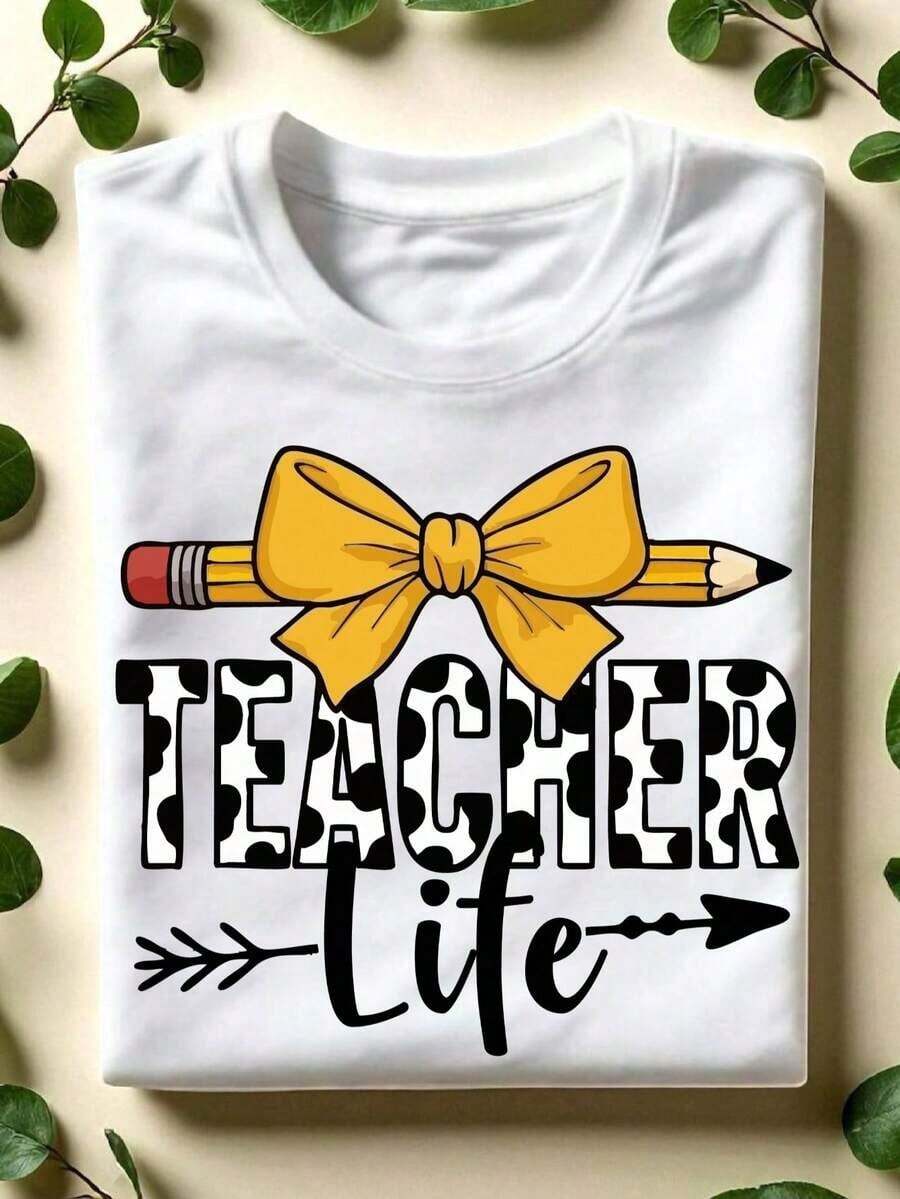 Modern Teacher Life T-Shirt, Cute Bow Tie Teacher T-Shirt, Kindergarten Teacher T-Shirt, Short Sleeve Teacher T-Shirt, Back To School Gift. CL-650 Casual Clothing - 白色 - 查看 1