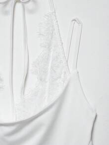 DEEKA Summer New Women's Fashion Sexy Contrast Lace Halter Bodysuit White - White - View 9